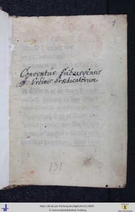 [1r] Provenienzvermerk, 18. Jh.: Dominikanerkloster Freiburg im Breisgau.