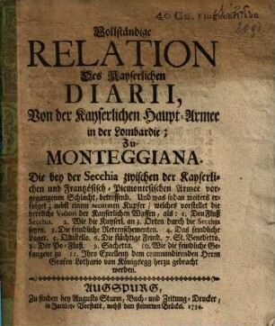 Vollständige Relation des Kayserlichen Diarii, von der Kayserlichen HauptArmee in der Lombardie ...
