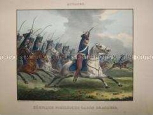 Uniformdarstellung, Dragoner und Offiziere zu Pferd beim Angriff, Garde-Dragoner-Regiment, Preußen, 1827.