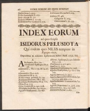Index Eorum ad quos scripsit Isidorus Pelusiota Qui eodem quo Nilus tempore in Aegypto vixit.