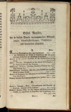 Erstes Register, der in diesem Bande vorkommenden Abhandlungen, Lebensbeschreibungen, Nachrichten und beurtheilten Schriften.