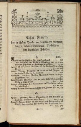 Erstes Register, der in diesem Bande vorkommenden Abhandlungen, Lebensbeschreibungen, Nachrichten und beurtheilten Schriften.