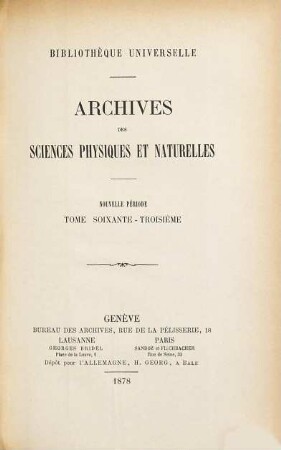 Archives des sciences physiques et naturelles, 63. 1878