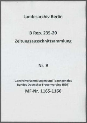 Generalversammlungen und Tagungen des Bundes Deutscher Frauenvereine (BDF)
