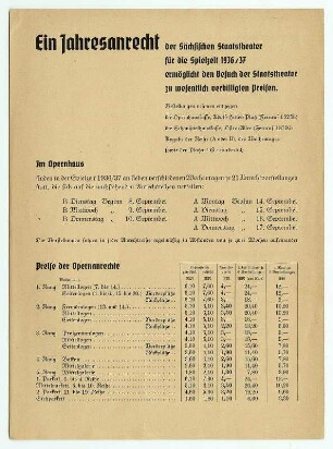Jahresanrecht der sächsischen Staatstheater für die Spielzeit 1936/37. Anrechtsreihen und Preise für Opern- und Schauspielanrechte, Vorderseite. Druck bei Baensch, Dresden; 22 x 16 cm. Einlegeblatt in: Sächsische Staatstheater, Schauspielhaus Dresden. Programmhefte der Spielzeit 1936/1937. Dresden: SLUB Z. 4. 8