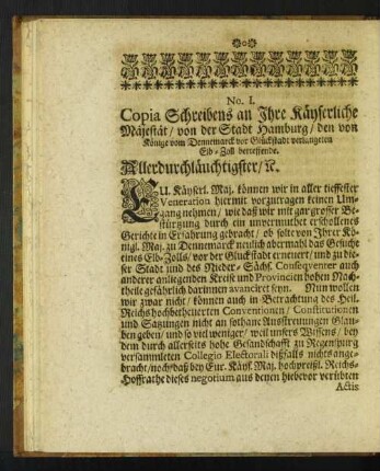 No. I. Copia Schreibens an Ihre Kayserliche Majestät ...