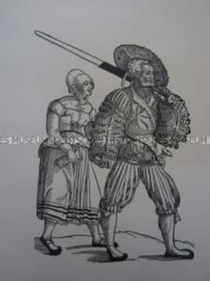 Kriegerdarstellung, Landsknecht mit Bidenhänder und Frau mit Handschuh, 1510/1530.