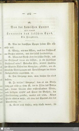 16. Von der komischen Epopee als einem Correctiv des falschen Epos. Ein Fragment