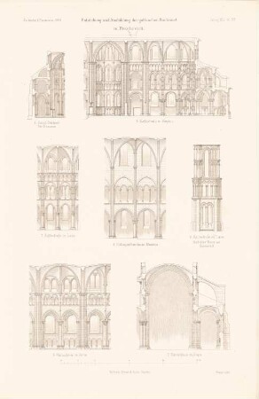 St. Germer, Beauvais. Kathedralen, Noyon, Laon, Sens. Kollegialkirche, Mantes: Innenansichten, Schnitte (aus: Atlas zur Zeitschrift für Bauwesen, hrsg. v. Ministerium der öffentlichen Arbeiten, Jg. 41, 1891)