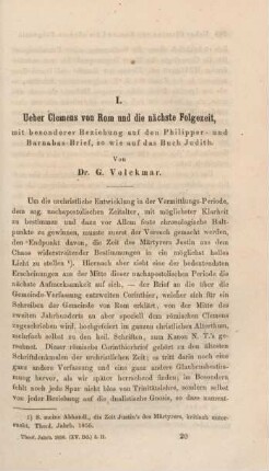287-369 Ueber Clemens von Rom und die nächste Folgezeit, mit besonderer Beziehung auf den Philipper- und Barnabas-Brief, so wie auf das Buch Judith