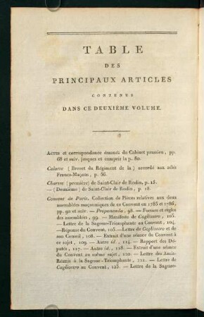 Table des Principaux Articles contenus dans ce deuxiéme Volume.