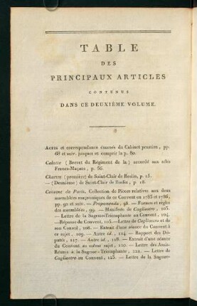 Table des Principaux Articles contenus dans ce deuxiéme Volume.