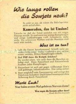 Flugblatt mit Durchhaltepropaganda und Hinweisen zur Bekämpfung sowjetischer Panzer