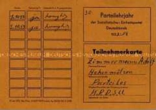 Teilnehmerkarte für das Parteilehrjahr der SED 1953/54 - Familienkonvolut