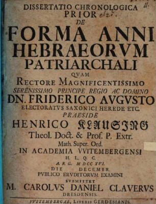 Dissertatio chronologica prior de forma anni Hebraeorum patriarchali