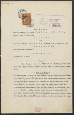 Verlagsvertrag über eine Komposition Pfitzners "mit dem voraussichtlichen Titel 'Das Herz'"