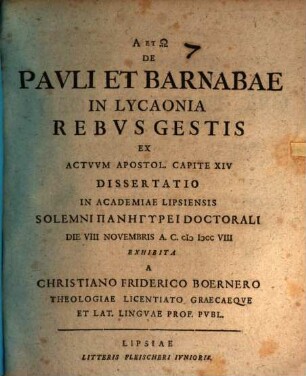 De Pavli Et Barnabae In Lycaonia Rebvs Gestis, Ex Actvvm Apostol. Capite XIV Dissertatio
