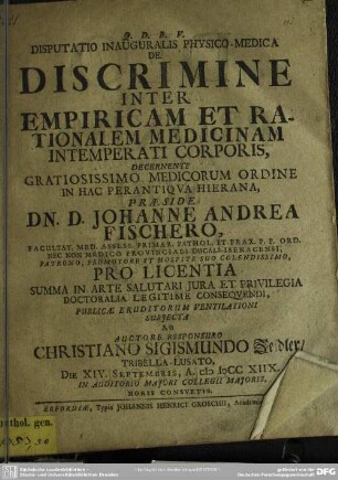 Disputatio Inauguralis Physico-Medica De Discrimine Inter Empiricum Et Rationalem Medicinam Intemperati Corporis ...