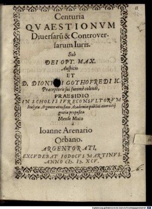 Centuria quaestionum diversarum & controversarum iuris