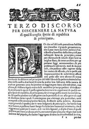 Terzo Discorso Per Discernere La Natvra di qual si uoglia spetie di republica & principato.