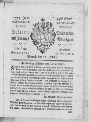 43tes Stück, Ausgabe vom 27. October 1773