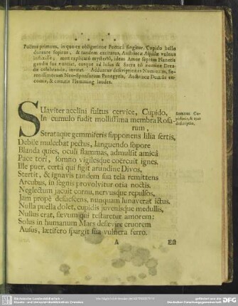Poema primum, in quo ex obligatione Poetica fingitur, Cupido bello durante sopitus,...