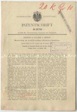 Patentschrift einer Neuerung an elektrischen Drahtseilbahnen, Patent-Nr. 25766