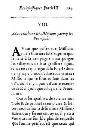 VIII. Aduis touchant les Mißions parmy les Protestans
