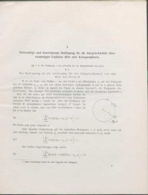 I. Notwendige und hinreichende Bedingung für die Integrierbarkeit einer eindeutigen Funktion über eine Kreisperipherie.