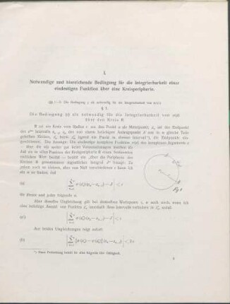 I. Notwendige und hinreichende Bedingung für die Integrierbarkeit einer eindeutigen Funktion über eine Kreisperipherie.