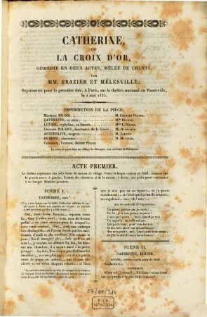 Catherine, ou la croix d'or : comédie en deux actes, mêlée de chants