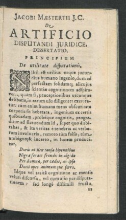 Jacobi Maesterii De Artificio Disputandi Iuridice, Dissertatio.