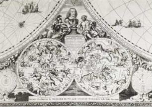 Nova totius terrarum orbis tabula, Karte 1 :Ausschitt: Büste des Johann Moritz von Nassau-Siegen sowie nördlicher und südlicher Sternenhimmel