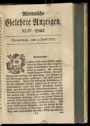 XLIV. Stück. Donnerstags, vom 9 Junii 1757