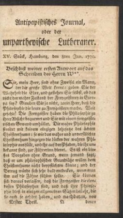 XV. Stück, Hamburg, den 8ten Jun. 1770