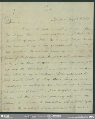 Eigenh. Brief von Horace H. Wilson an August Wilhelm von Schlegel, Kalkutta, 10.08.1823