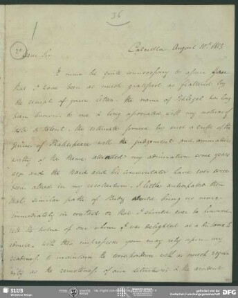 Eigenh. Brief von Horace H. Wilson an August Wilhelm von Schlegel, Kalkutta, 10.08.1823