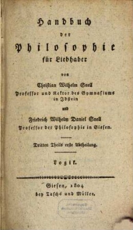 Handbuch der Philosophie für Liebhaber. 3, Logik. Metaphysik