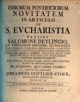Errorum pontificiorum novitatem in articulo de S. Eucharistia, Diss. II.
