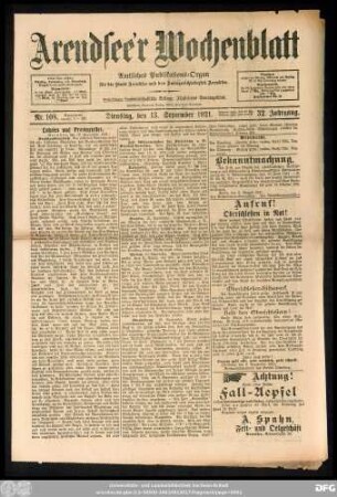 Arendsee'r Wochenblatt, Nr. 108. Dienstag, den 13. September 1921.