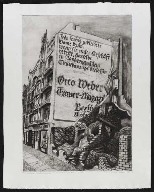 Radierung des Künstlers Erhard Groß, Titel: Freigelegte Brandmauer - Skalitzer Straße 99, Ed. 2/30, 1985