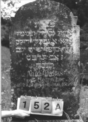 Grabstein 152 (Index: 99800199) Material: Granit Zustand: bewachsen Maße HxBxT: 126x54x16 cm Beschreibung: Stele, zweifach eingezogener Korbbogenabschluß, Sockel Symbolik: Davidstern: Grabstein 152A