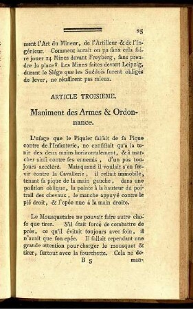 Article Troisième. Maniment des Armes & Ordonance.