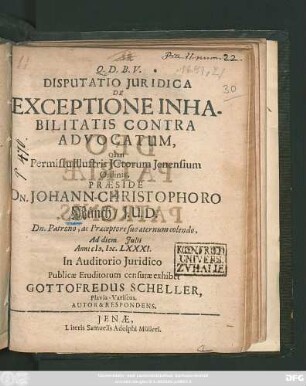 Disputatio Iuridica De Exceptione Inhabilitatis Contra Advocatum