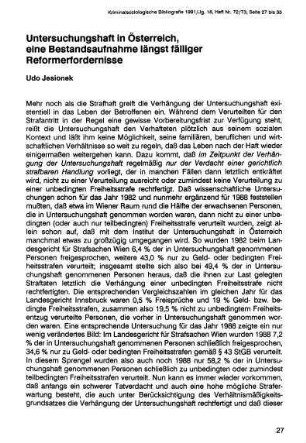 27-34, Untersuchungshaft in Österreich, eine Bestandsaufnahme längst fälliger Reformerfordernisse