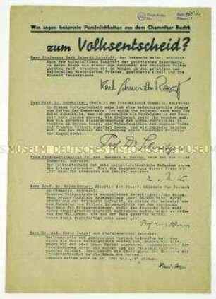 Propagandaflugblatt mit Stimmen bekannter Persönlichkeiten aus dem Chemnitzer Bezirk zum Volksentscheid am 30.06.1946