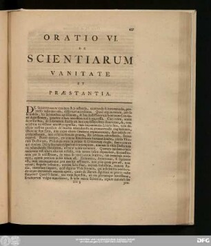 Oratio VI. De Scientiarum Vanitate Et Praestantia.