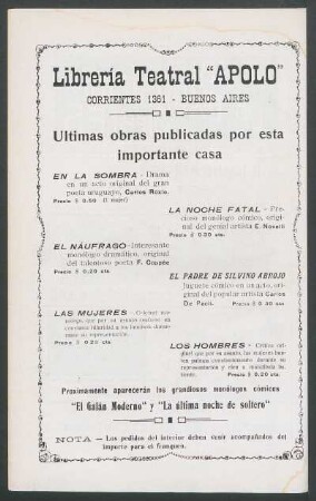 Librería Teatral "Apolo" : Ultimas obas publicadas por esta importante casa
