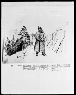 Zeichnung in einem Kommiß-Skizzenbuch: Soldat im Schützengraben