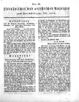 Nro. III., Literarischer und artistischer Anzeiger zum Freimüthigen, für 1808
